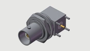 Konektor koaksial female (Jack, Socket) BNC sudut kanan (RA) kelas komersial untuk bulkhead hingga 4 GHz untuk penyolderan melalui lubang 4 kaki